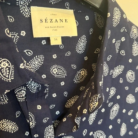 Sezane Pierro Shirt Bandana Blue - Size 2 - Picture 2 of 3